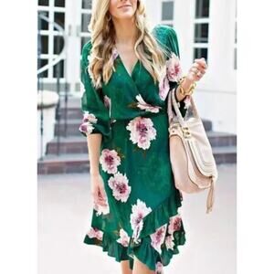 Anthropologie Green Pink Floral Wrap Dress Plenty By Tracey. Xsmall